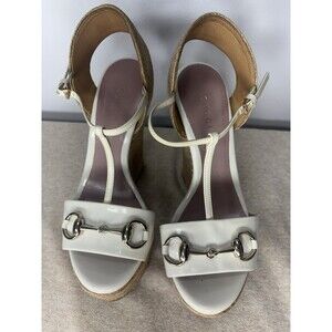 GUCCI  Women’s Horsebit Wedge High Heel Ankle Strap Cream Sandals 388866 Sz 36